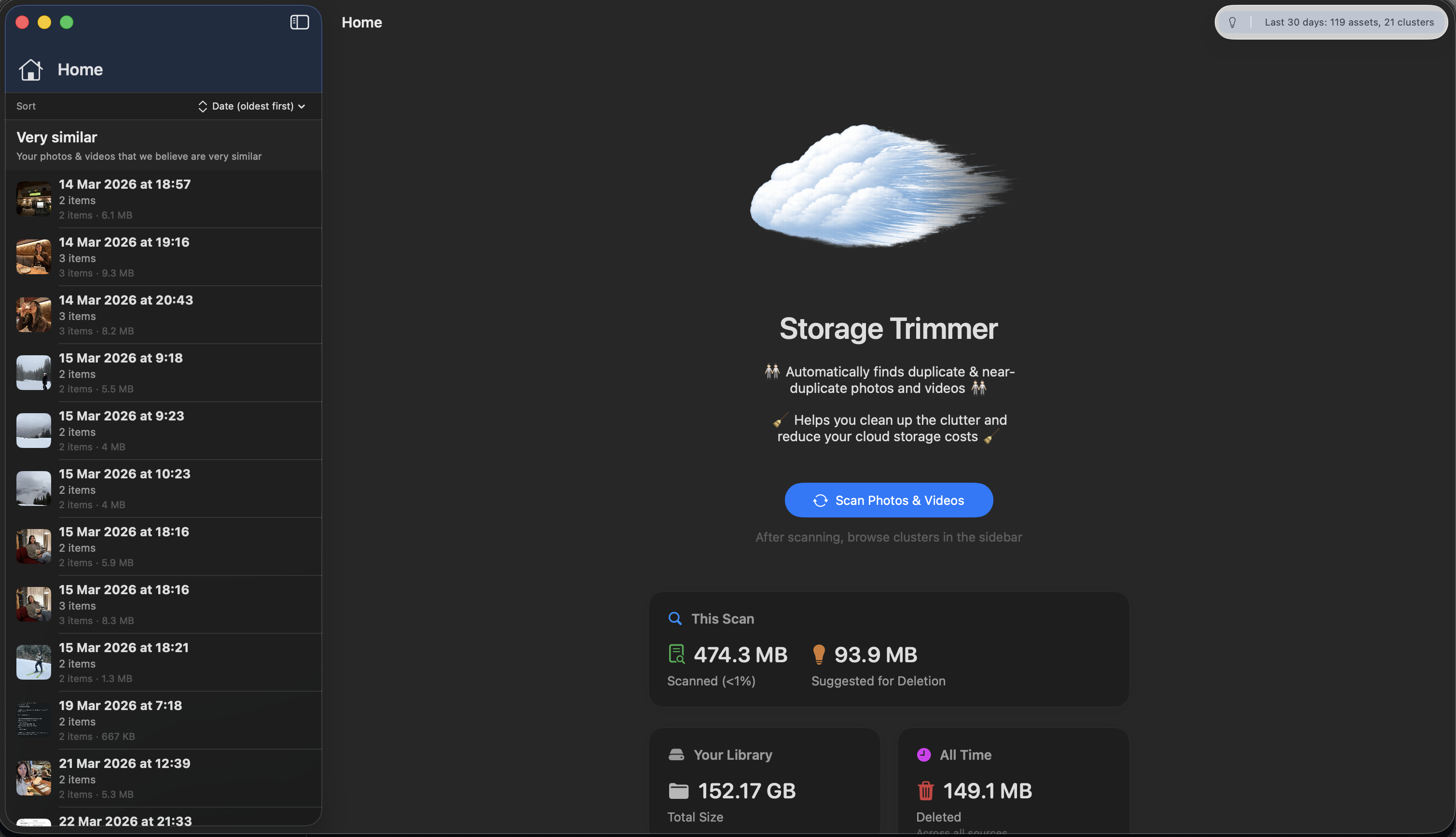 Storage Trimmer home screen — scan your library