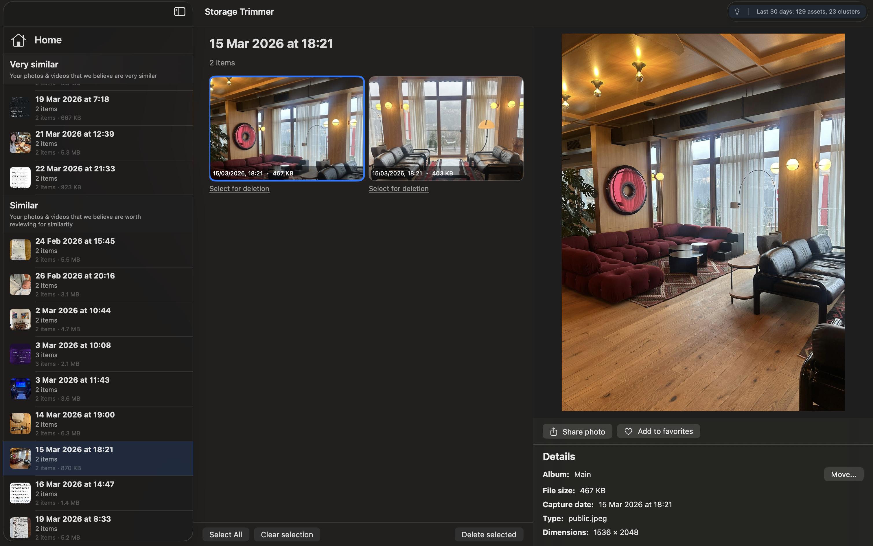 Storage Trimmer — reviewing duplicate photo clusters