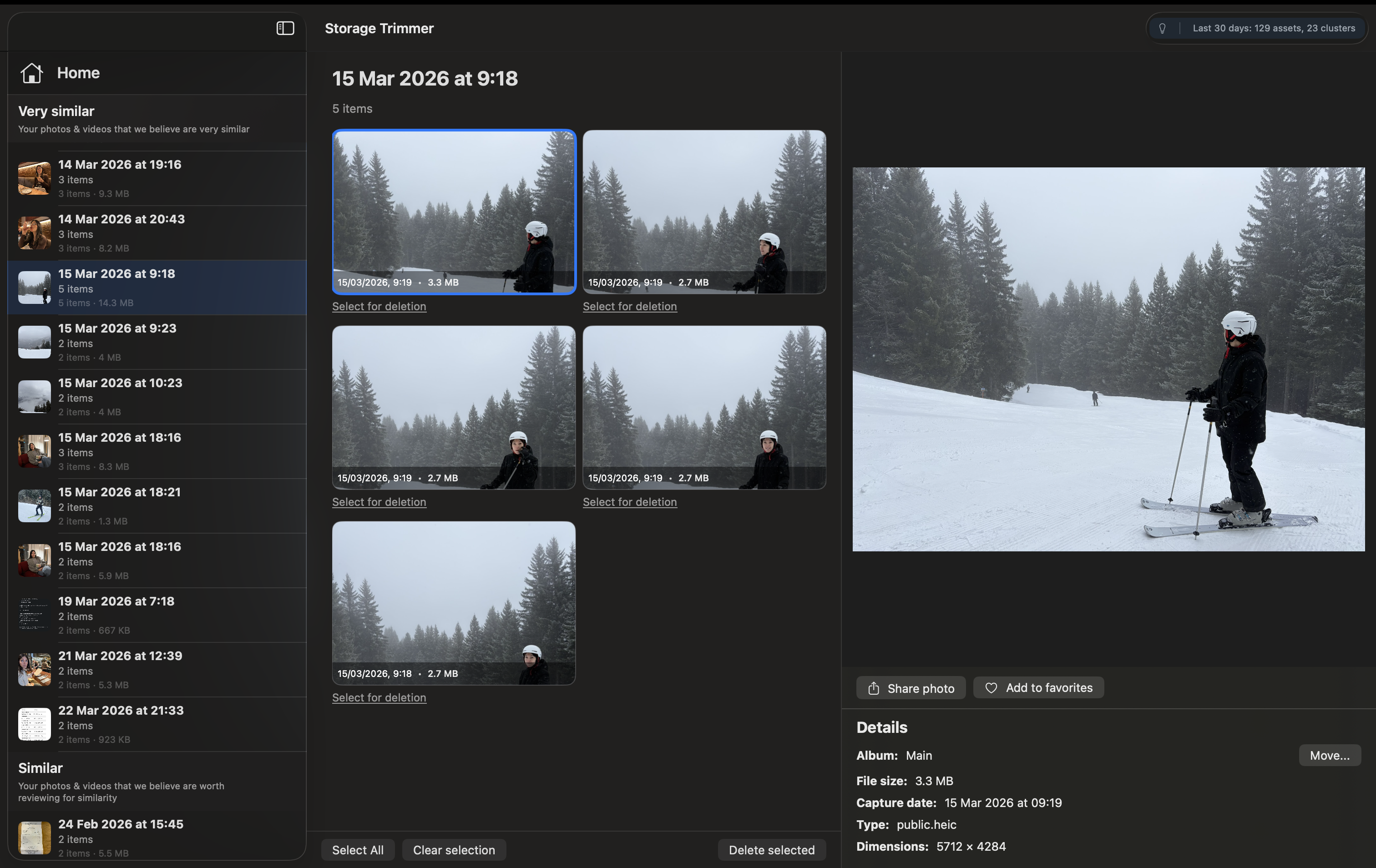 Storage Trimmer — selecting photos for deletion